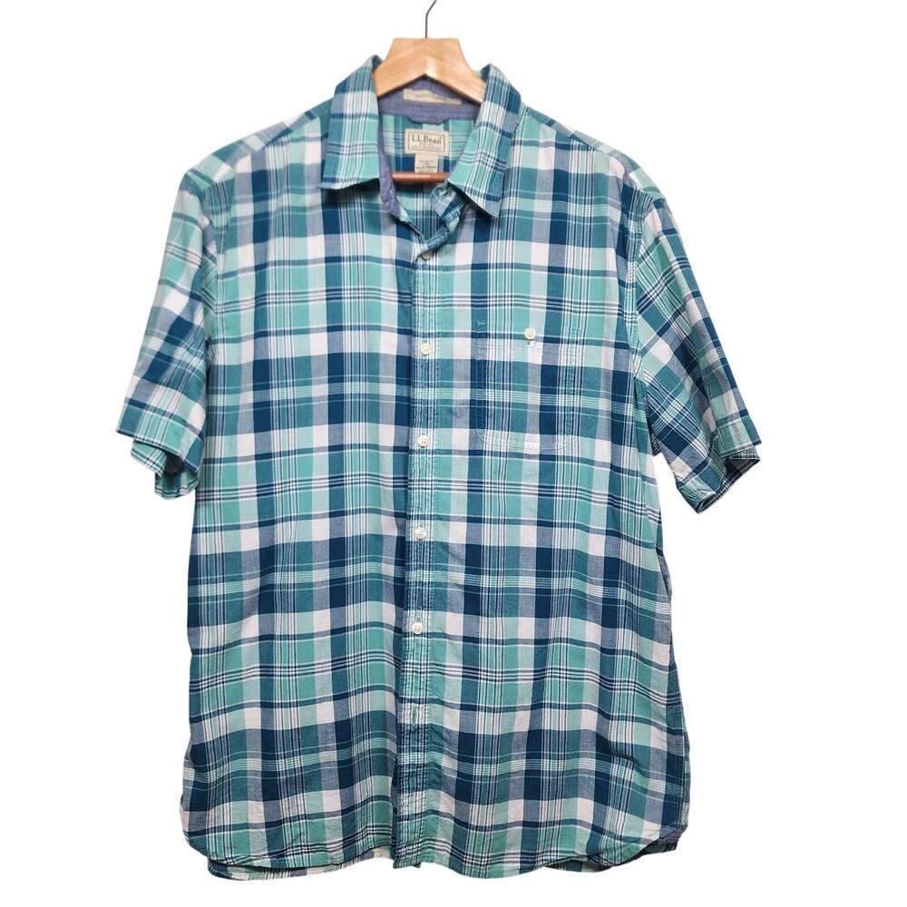L.L. Bean Men's Blue Plaid Short Sleeve Button Up Shirt Size Large